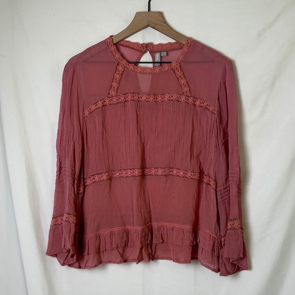 ASOS Womens Sheer Boho Lace Crochet Pintuck Ruffle Blouse Size 14 Dusty Rose